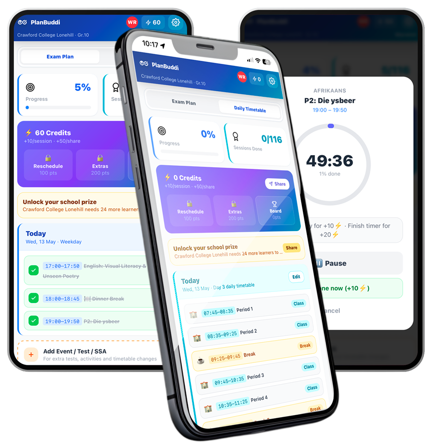 PlanBuddi app shown on three phones